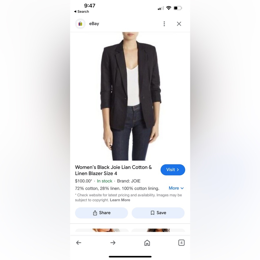 Joie Black Linen Blazer size 4